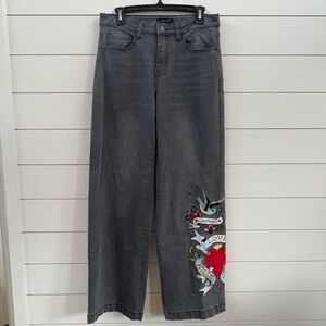 Ed Hardy Gray Wide Leg Jeans with Vibrant Embroidery